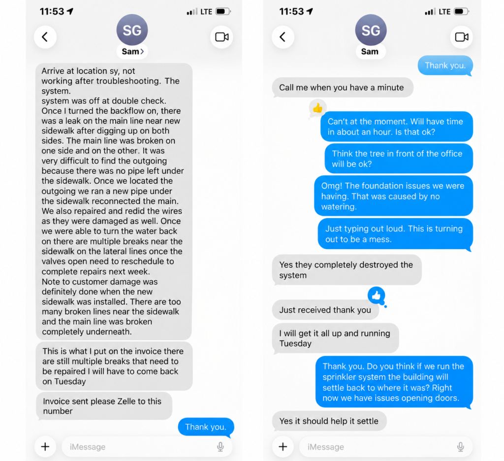 Sam's sms regarding the sprinkler system and damages.